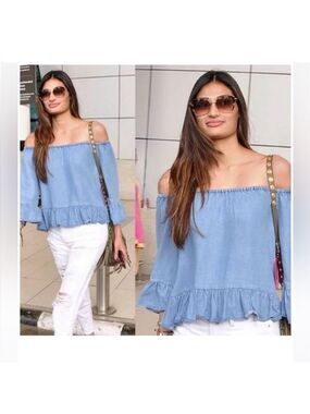 Zara off the shoulder top chambray ruffle top